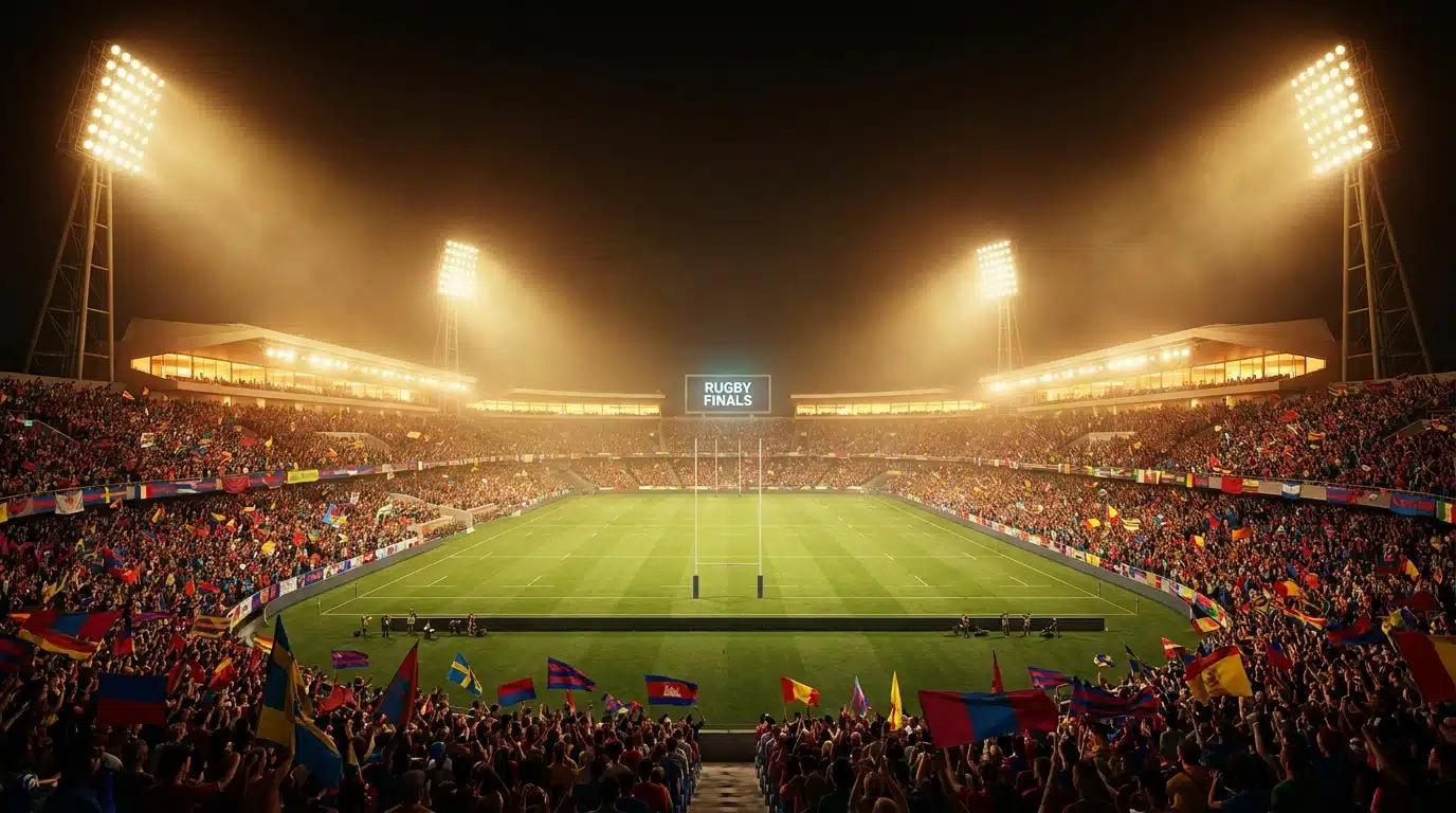 Tribunes bondées d'un grand stade de rugby en soirée