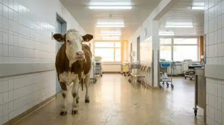 Vache dans un couloir d'hôpital aux murs blancs