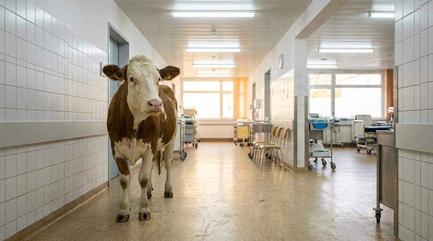 Vache dans un couloir d'hôpital aux murs blancs