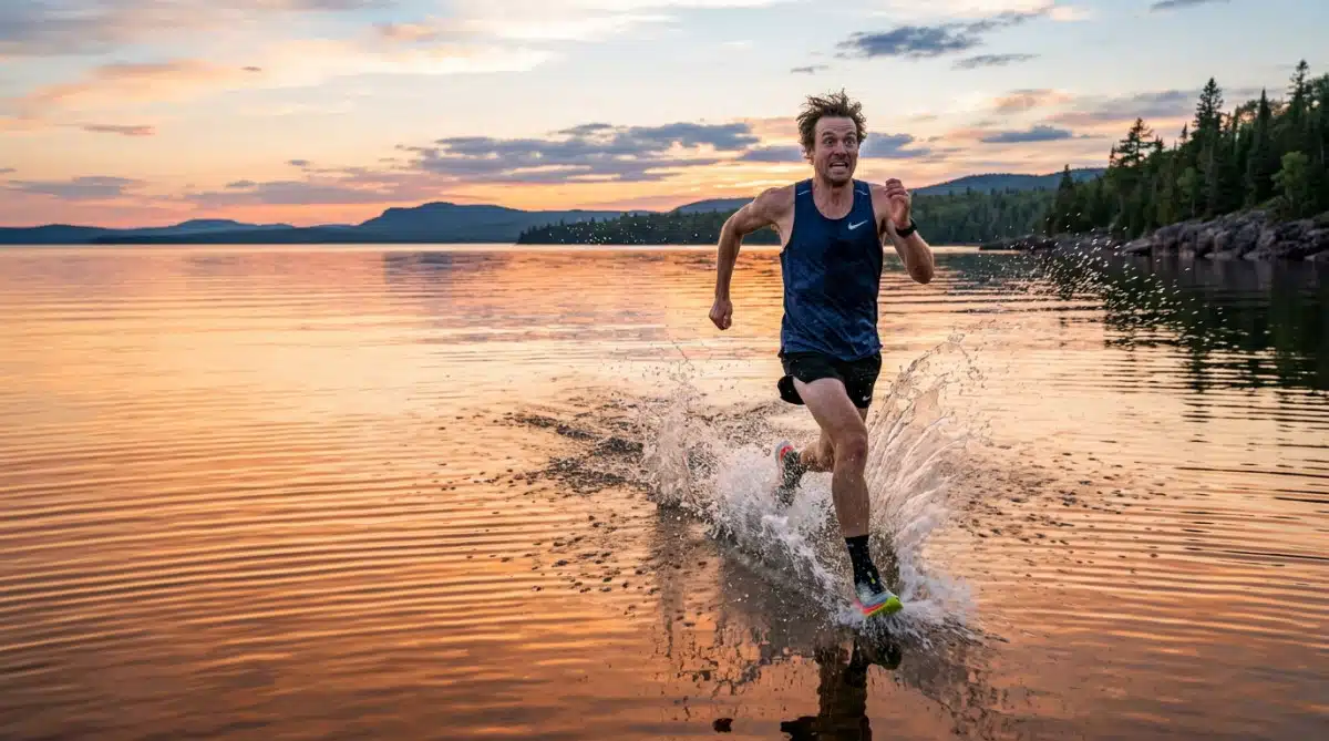Humain tentant de courir sur un lac