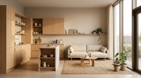 Showroom compact de mobilier scandinave avec cuisine et salon