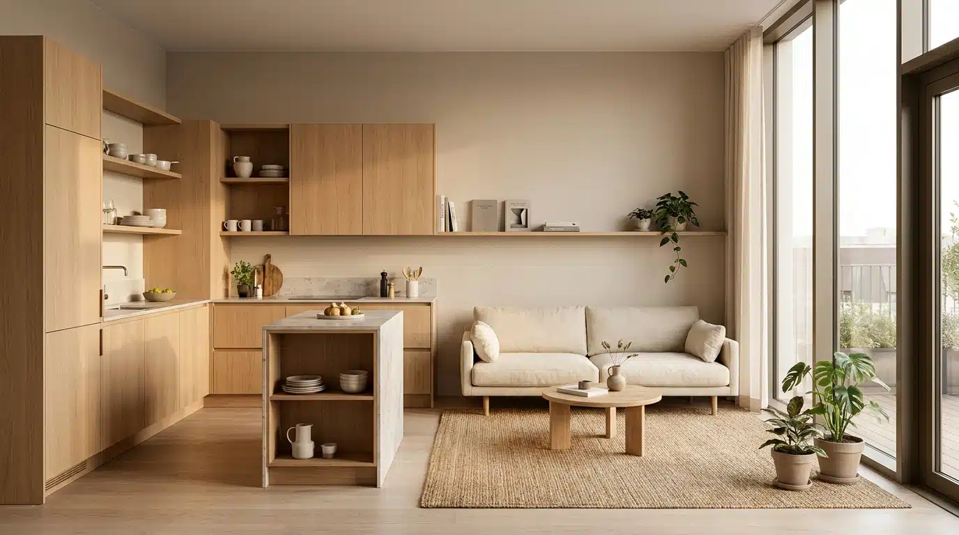 Showroom compact de mobilier scandinave avec cuisine et salon