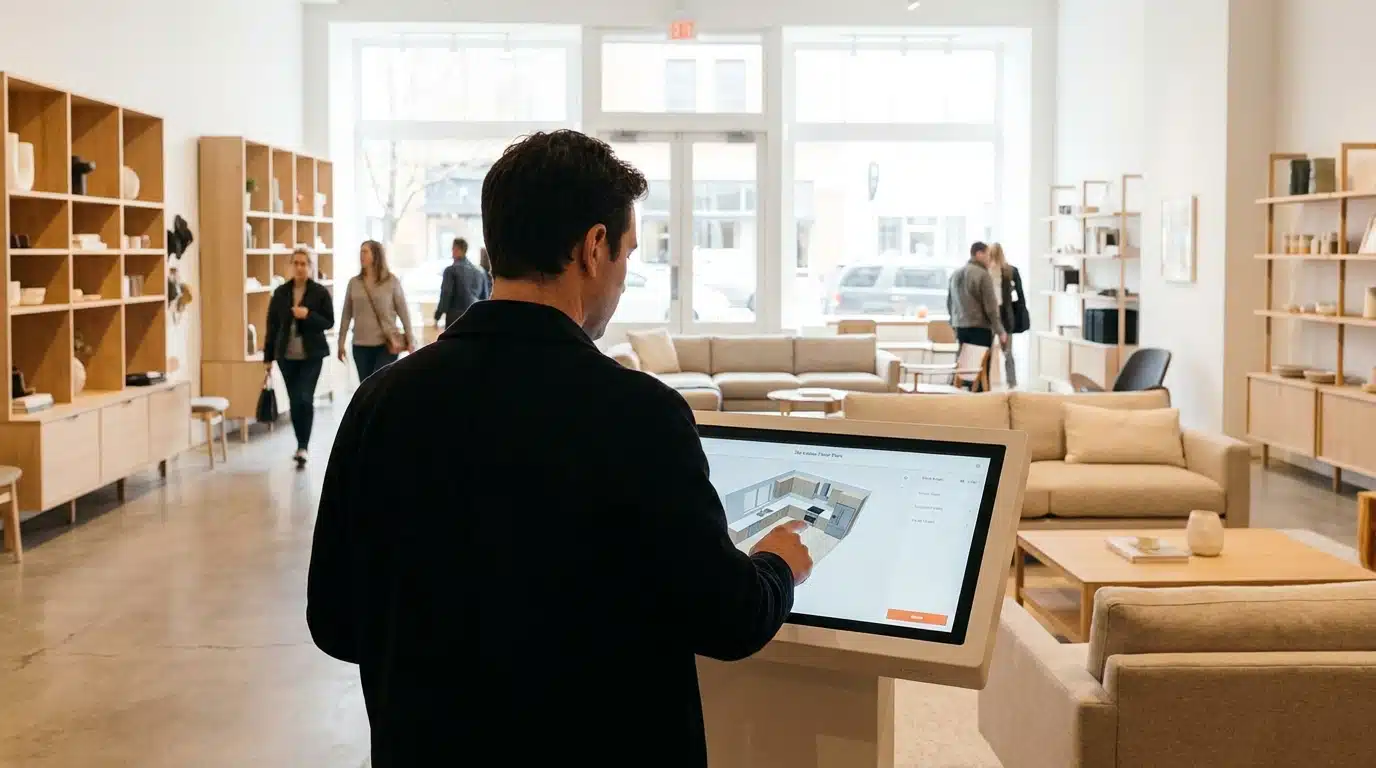 Client utilisant une borne numérique dans un magasin de meubles