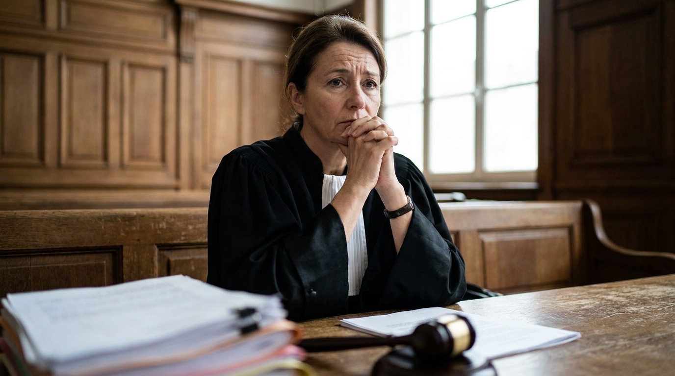 Visage grave d'une magistrate derrière son bureau