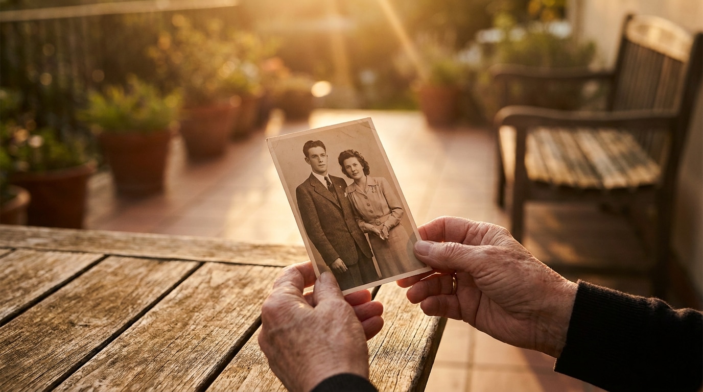 Mains tenant une photographie ancienne sur une table en bois
