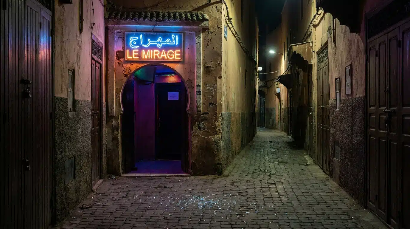 Ruelle sombre devant une boîte de nuit à Marrakech la nuit, scène de l'agression