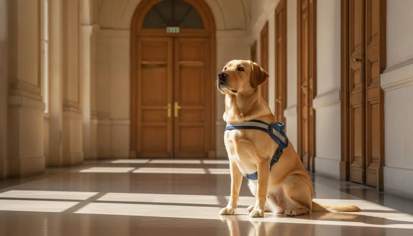 Labrador avec harnais bleu dans un couloir de tribunal