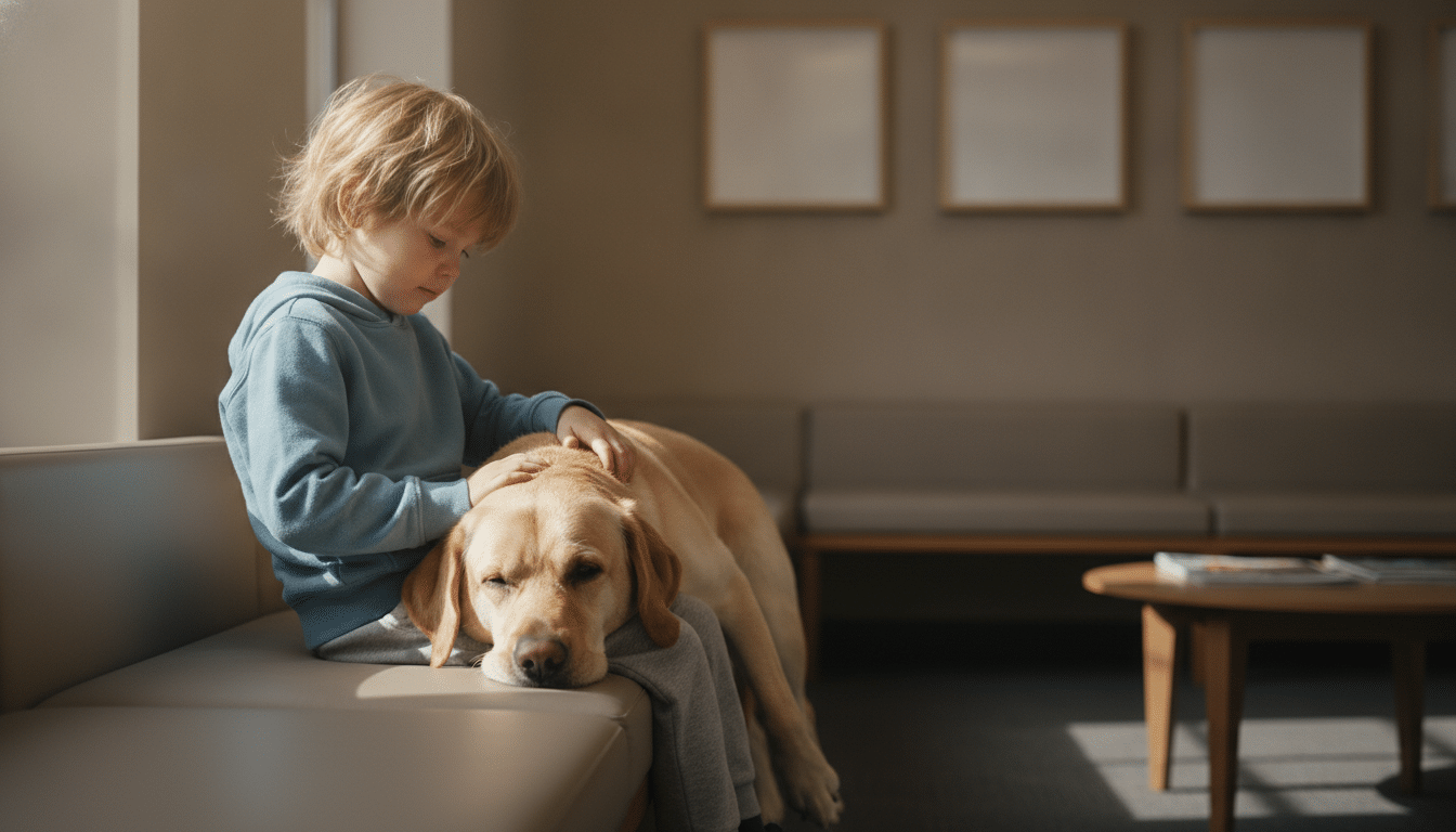 Enfant réconforté par un chien d'assistance judiciaire