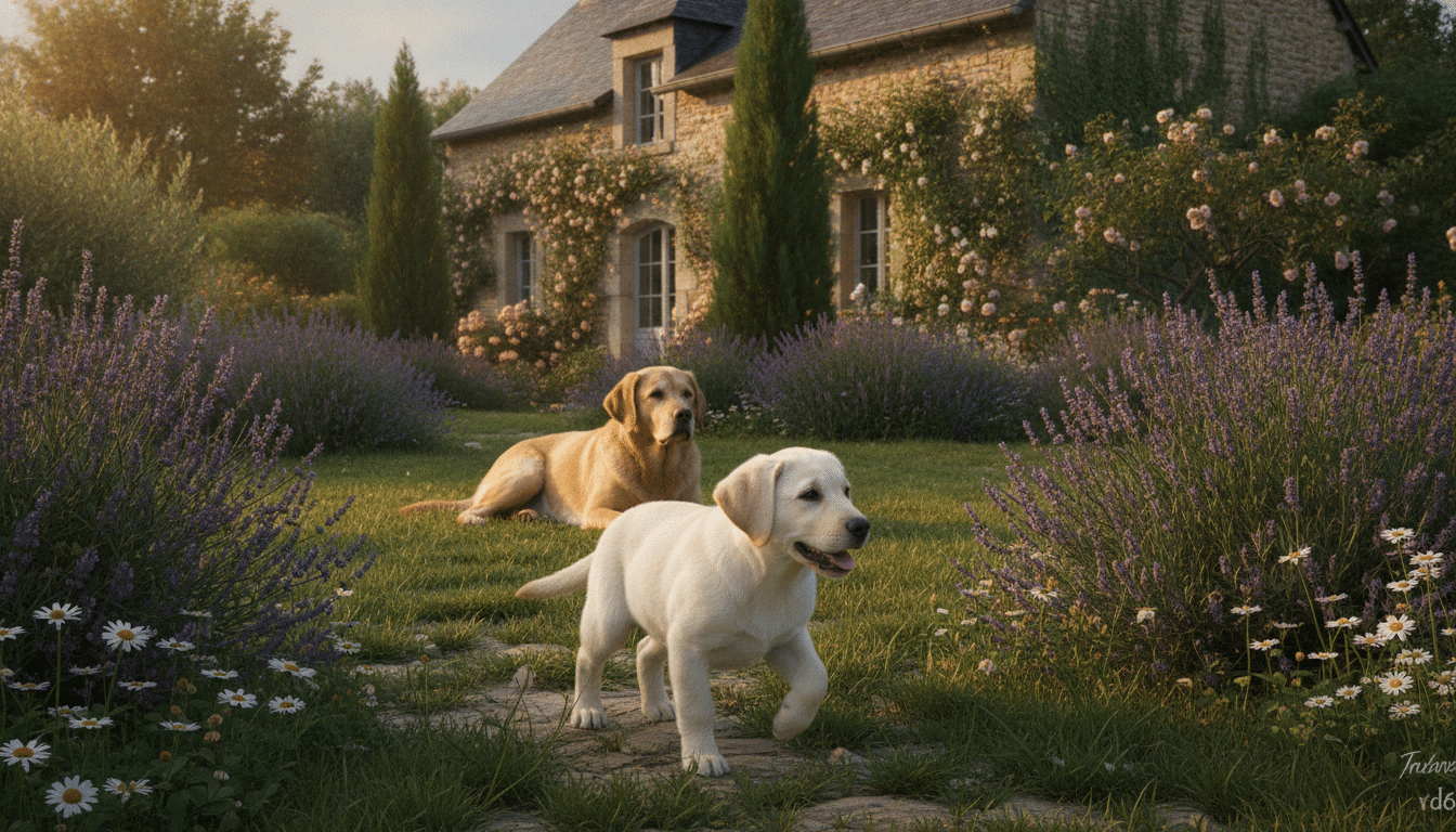 Jeune labrador blanc et vieux labrador dans un jardin lotois