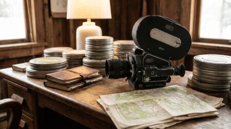 Caméra de cinéma ancienne posée sur une table avec des cartes et des bobines de film