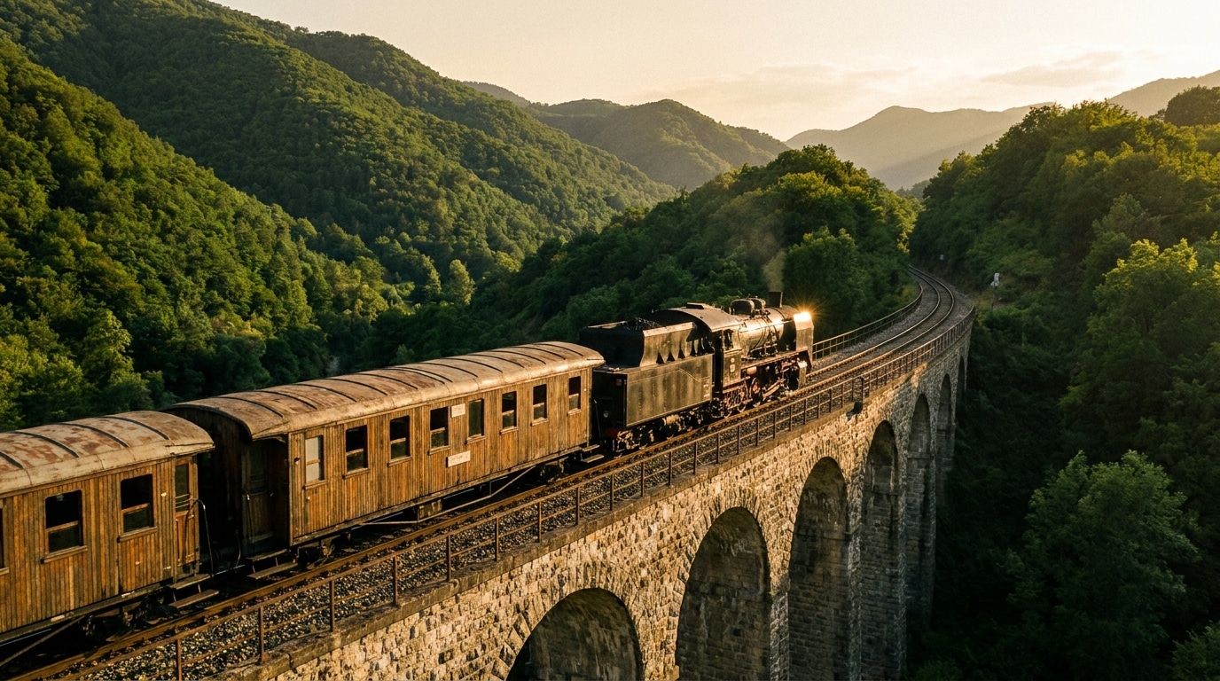 Train de voyageurs traversant un viaduc en montagne au coucher du soleil