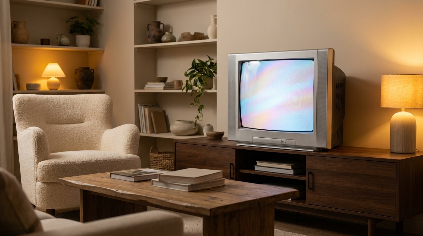 Télévision rétro allumée dans un salon moderne