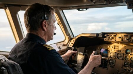 Pilote en uniforme dans un cockpit de Boeing