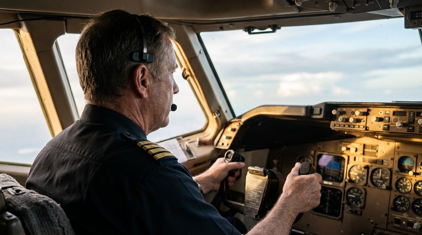 Pilote en uniforme dans un cockpit de Boeing
