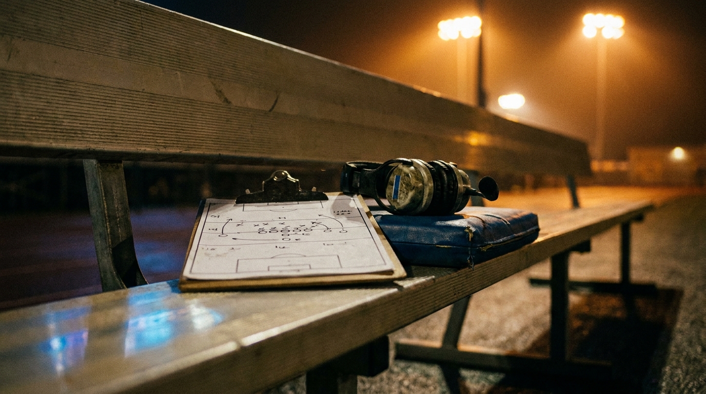 Banc de touche vide éclairé par les projecteurs d'un stade