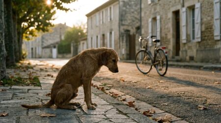 Chien amaigri seul sur un trottoir de ville