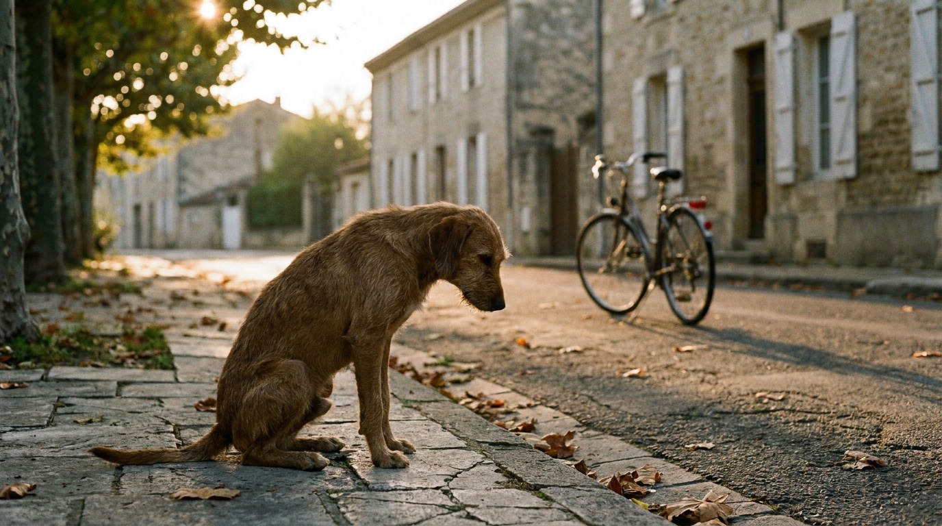 Chien amaigri seul sur un trottoir de ville