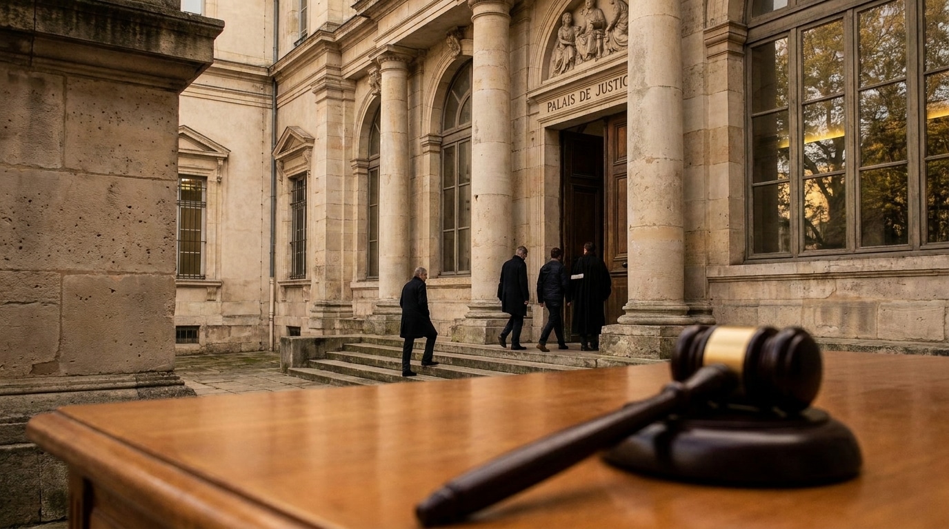 Entrée d'un tribunal français avec détail de marteau de juge