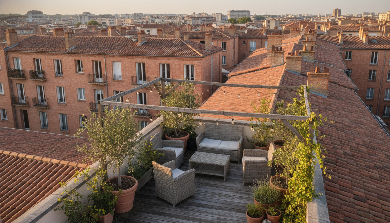 Toit-terrasse aménagé sur un immeuble toulousain