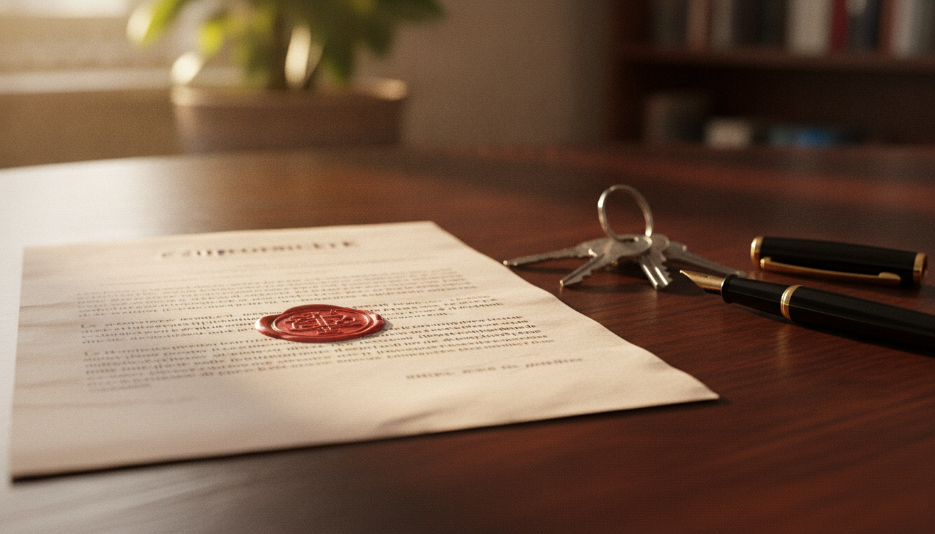 Document de copropriété et clés d'appartement sur un bureau