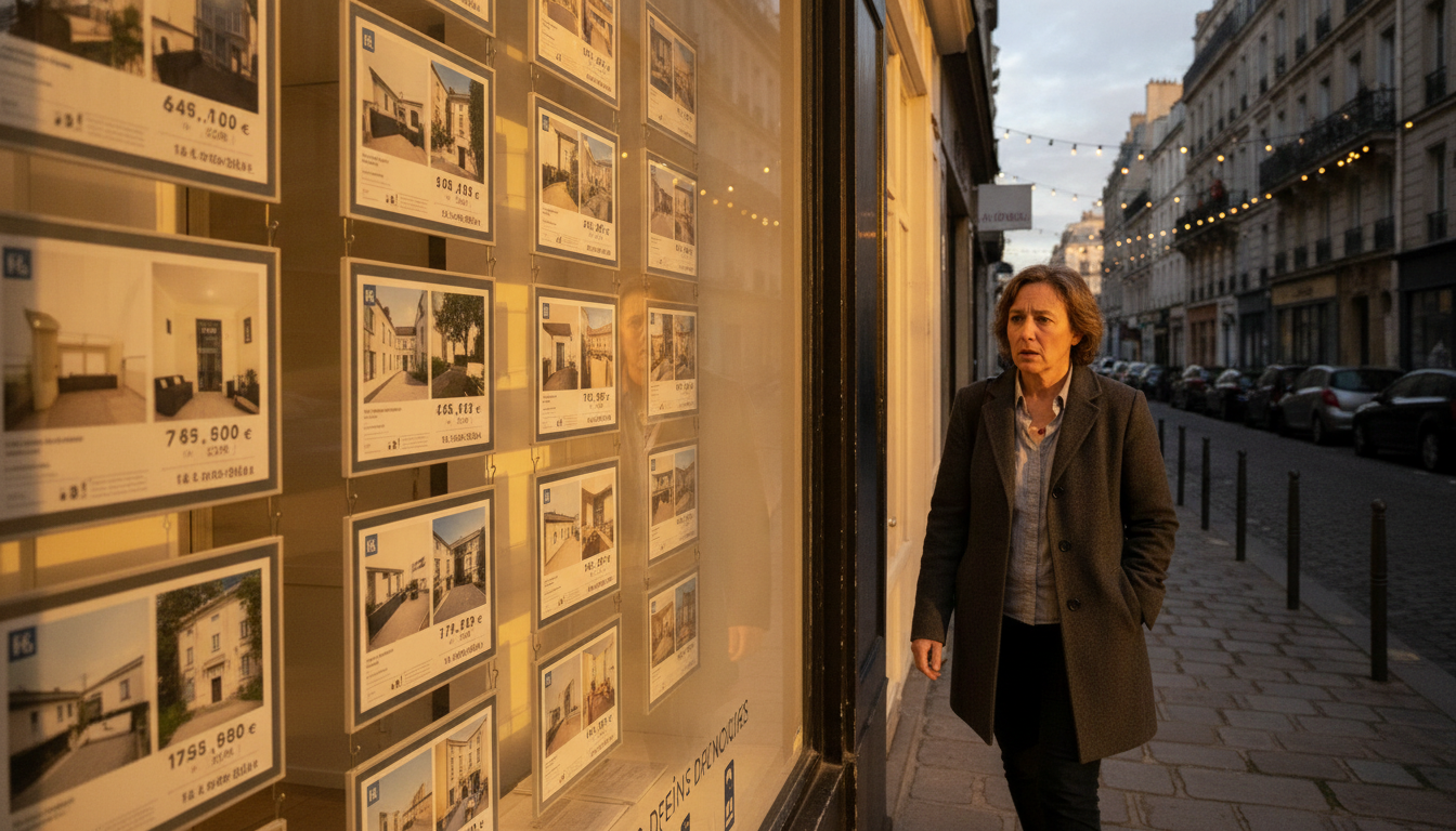 Vitrine d'agence immobilière avec annonces affichées