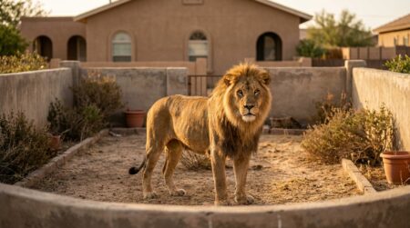 Lion debout dans un jardin clôturé au Moyen-Orient