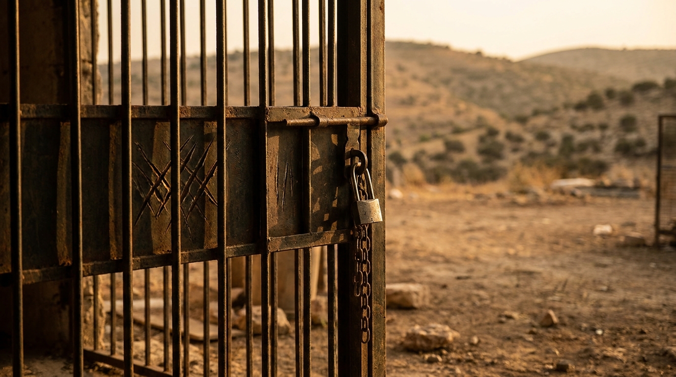 Cage métallique griffée entrouverte dans une cour poussiéreuse