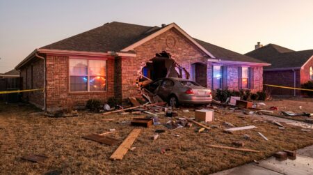 Maison endommagée par un véhicule au Texas le soir