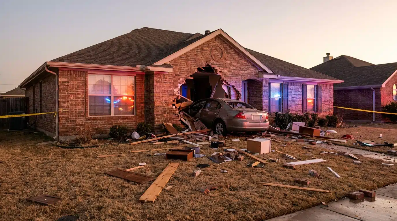 Maison endommagée par un véhicule au Texas le soir