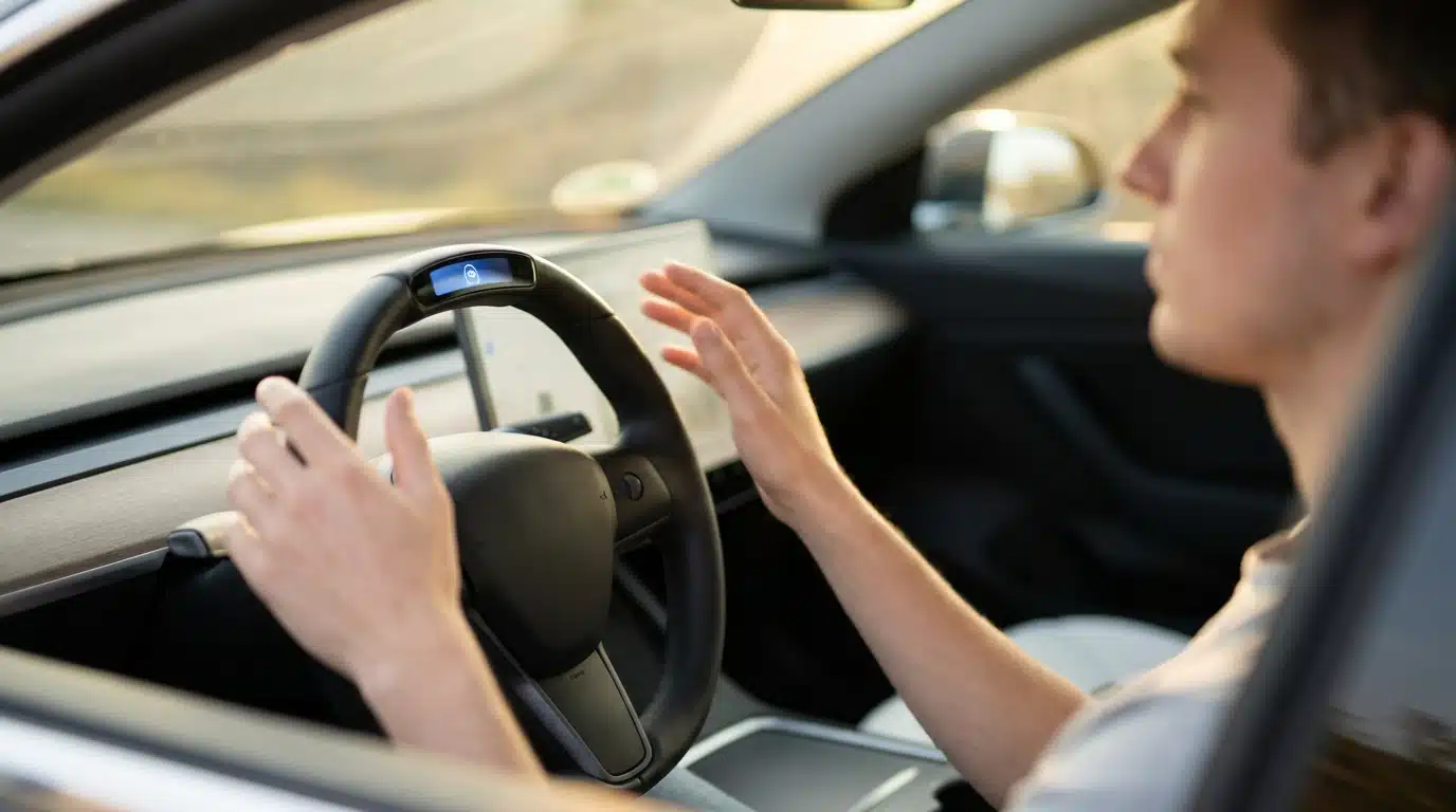 Volant de Tesla avec écran Autopilot activé