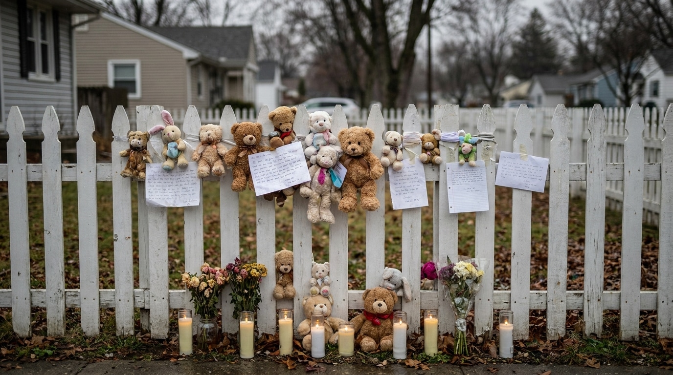 Mémorial improvisé avec peluches et bougies devant une clôture blanche