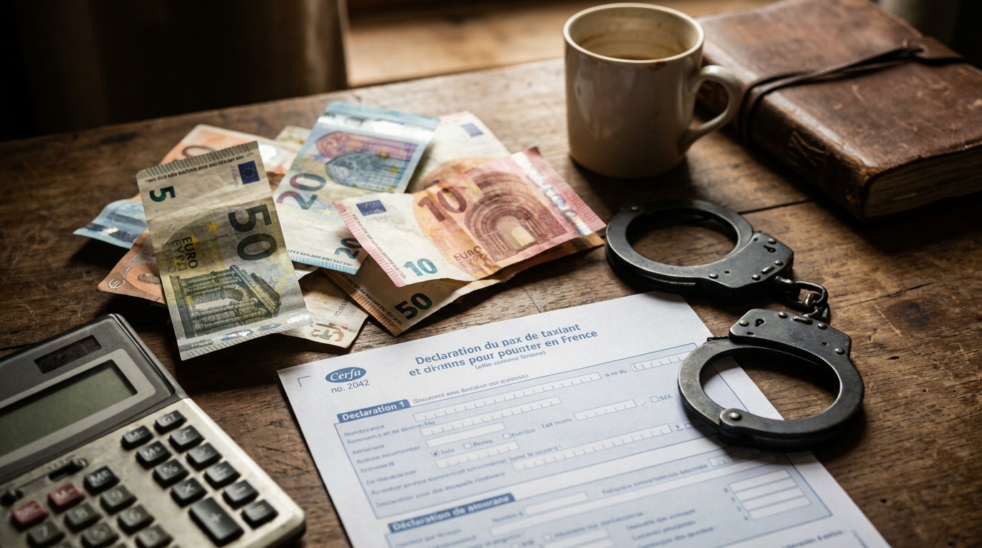 Billets en euros, formulaire fiscal et menottes sur un bureau
