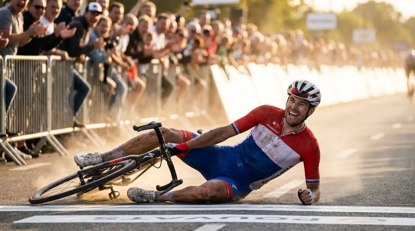 Cycliste au sol glissant sur la ligne d'arrivée