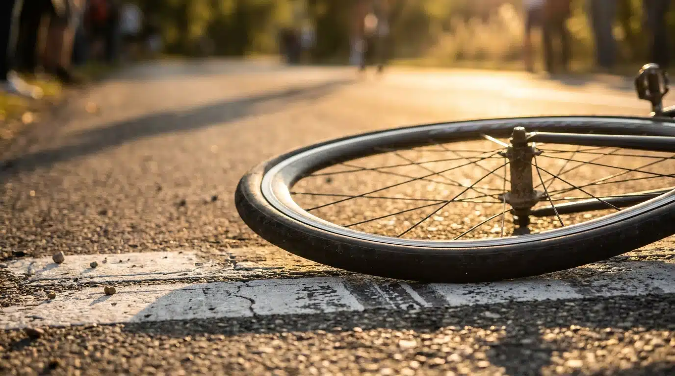 Roue de vélo couchée sur le bitume d'une ligne d'arrivée