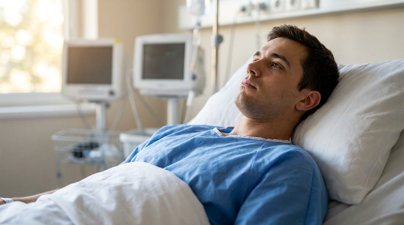 Jeune homme allongé dans un lit d'hôpital le regard fixe