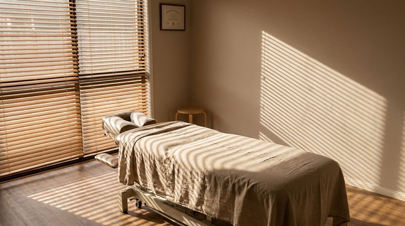 Table de chiropracteur vide dans un cabinet médical éclairé