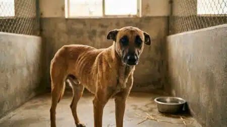 Chienne malinois amaigrie seule dans un box de fourrière