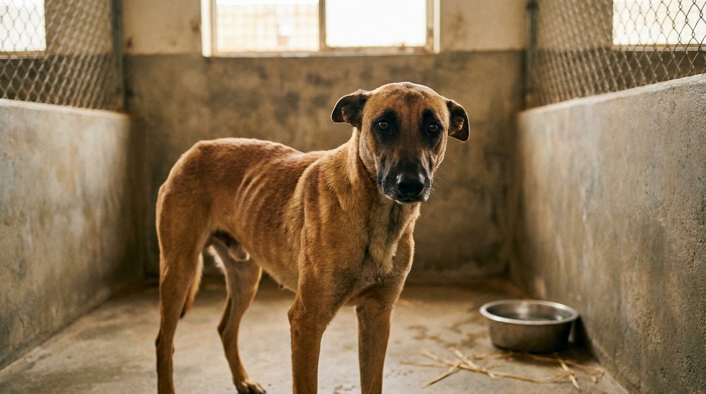 Chienne malinois amaigrie seule dans un box de fourrière