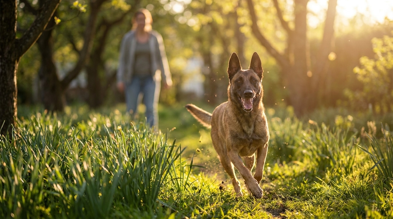 Malinois en pleine forme courant dans un jardin ensoleillé