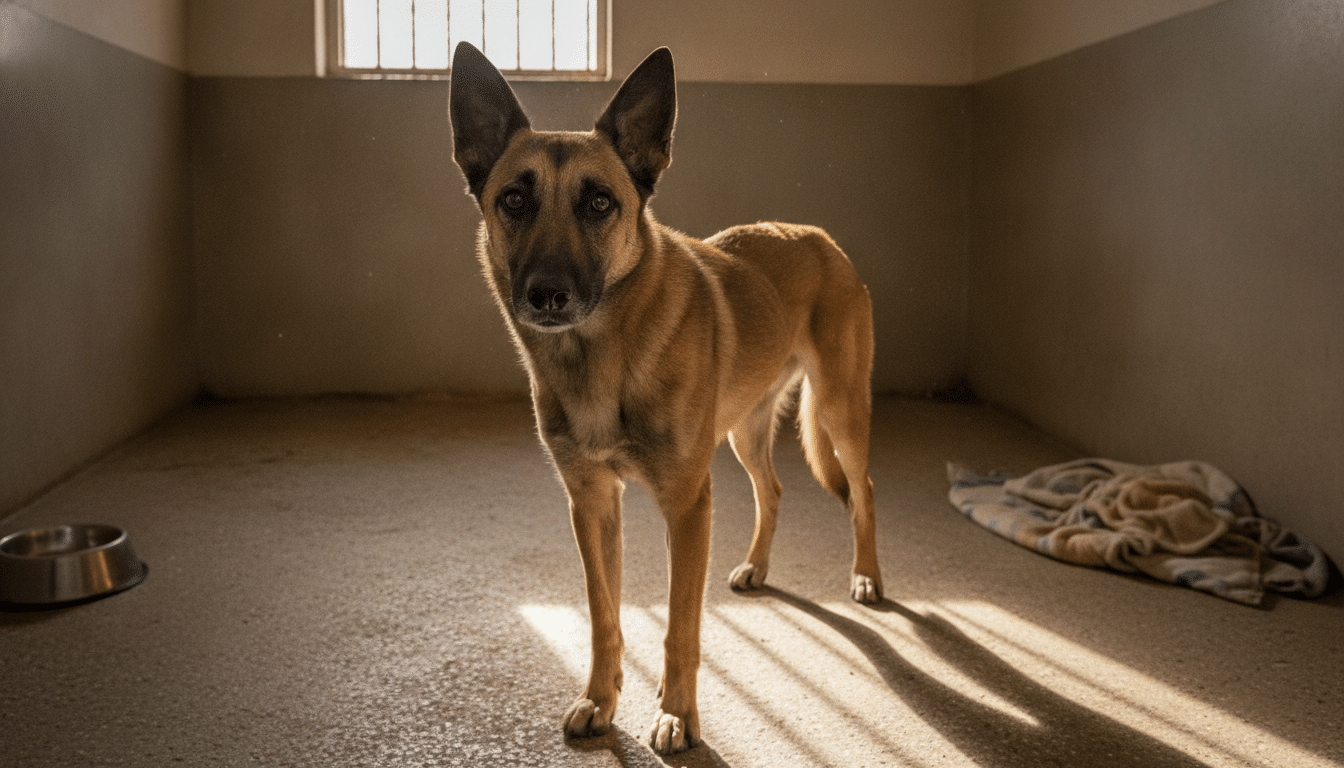 Chienne Malinois amaigrie dans un chenil de fourrière