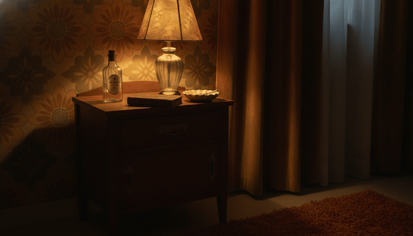Table de nuit avec flacon d'eau bénite dans une chambre rétro années 70