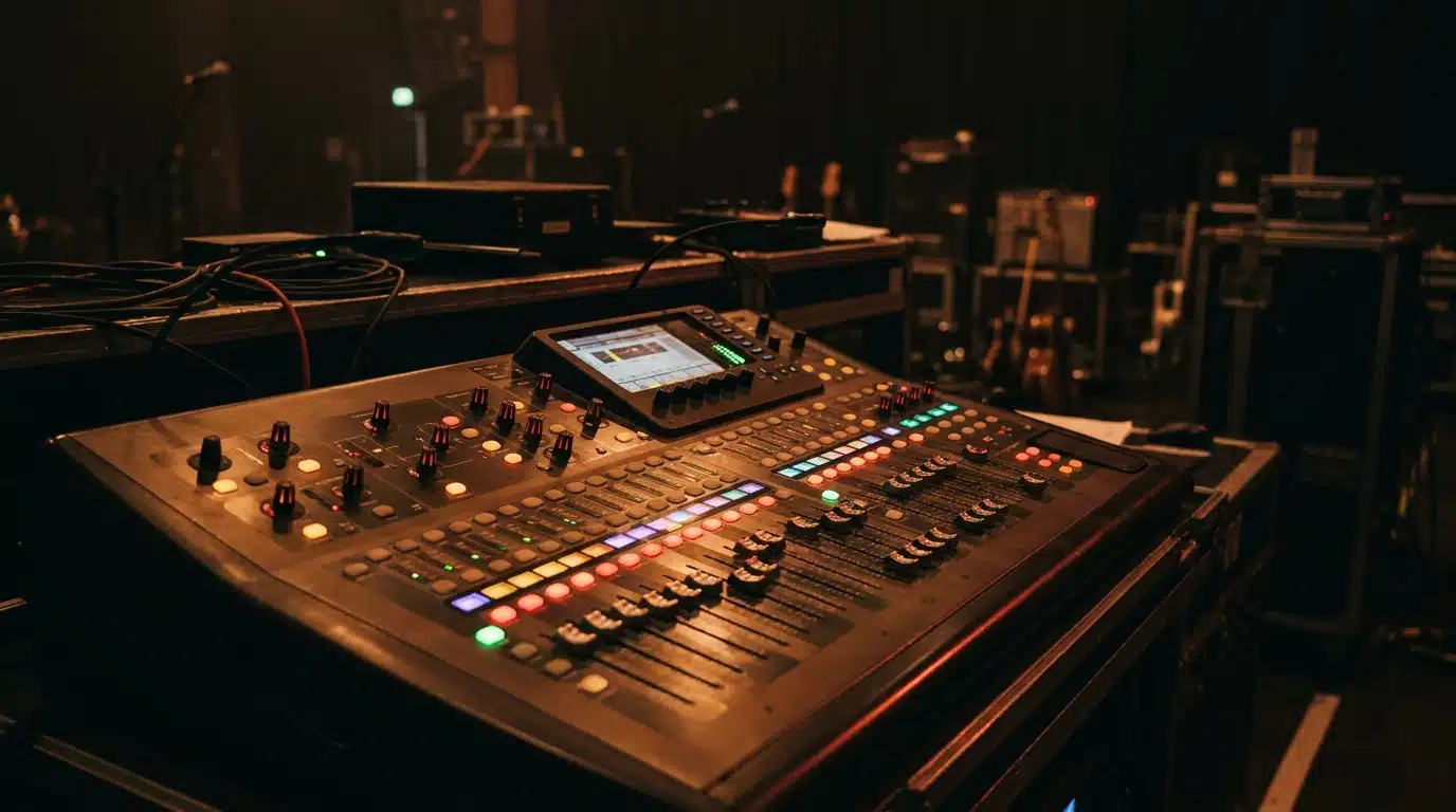 Console de mixage dans une salle de spectacle sombre