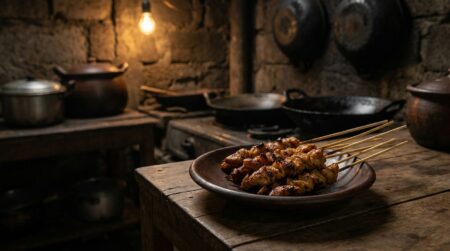 Brochettes de poulet au satay posées sur une assiette dans une cuisine