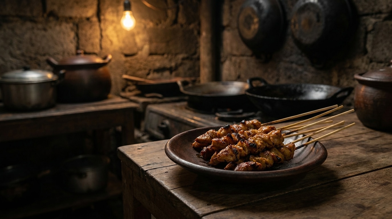 Brochettes de poulet au satay posées sur une assiette dans une cuisine