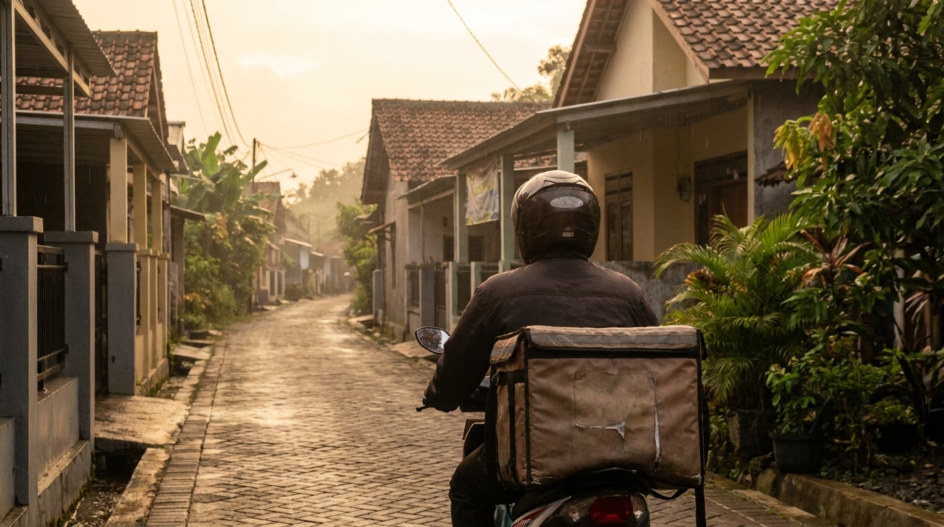 Livreur à moto dans une rue étroite en Indonésie au crépuscule