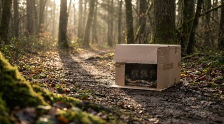 Chiots nouveau-nés découverts dans un contenant sur un sentier
