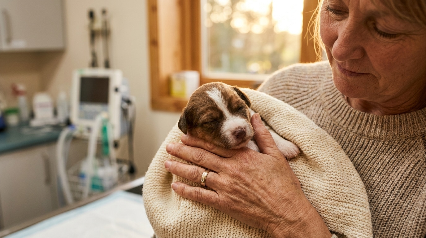 Mains tenant délicatement un chiot nouveau-né dans un tissu