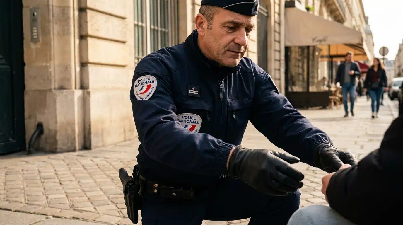 Policier en uniforme agenouillé sur un trottoir parisien