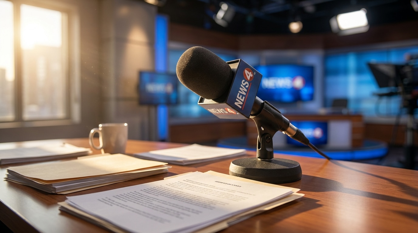 Micro de plateau TV posé près de documents juridiques