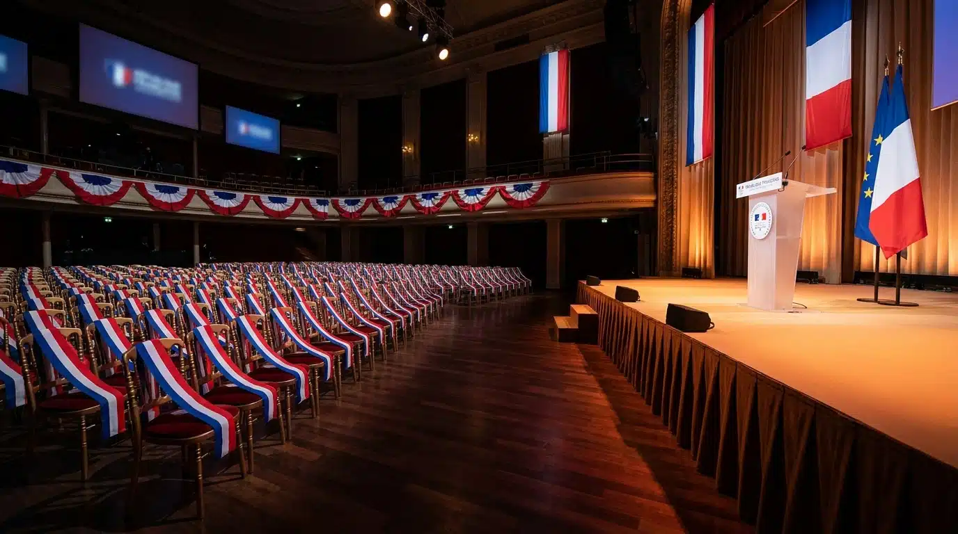 Salle de meeting politique en France prête à accueillir un rassemblement